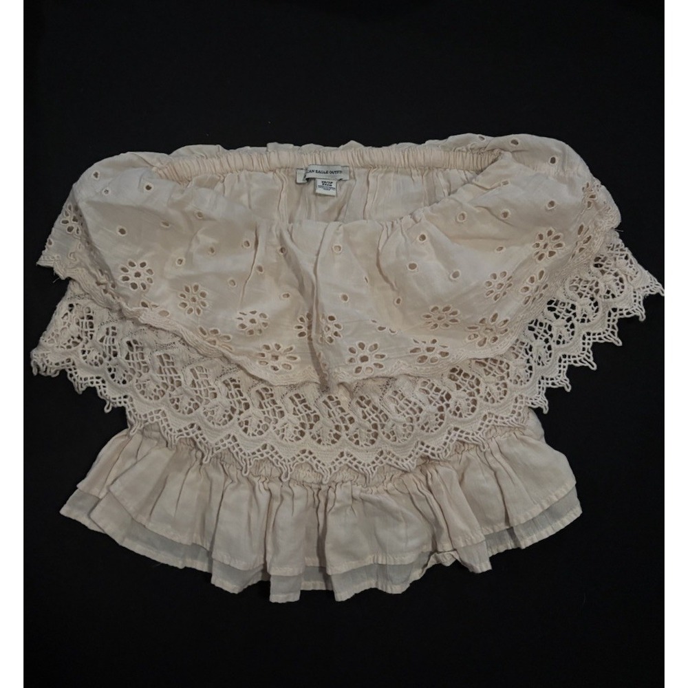 American Eagle Pink Ruffled Cropped Tube Top Womens Size XS Eyelet Floral Cotton